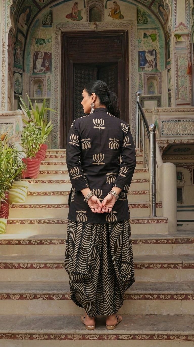 Black Lotus Printed Drape Skirt With Short Shirt Set