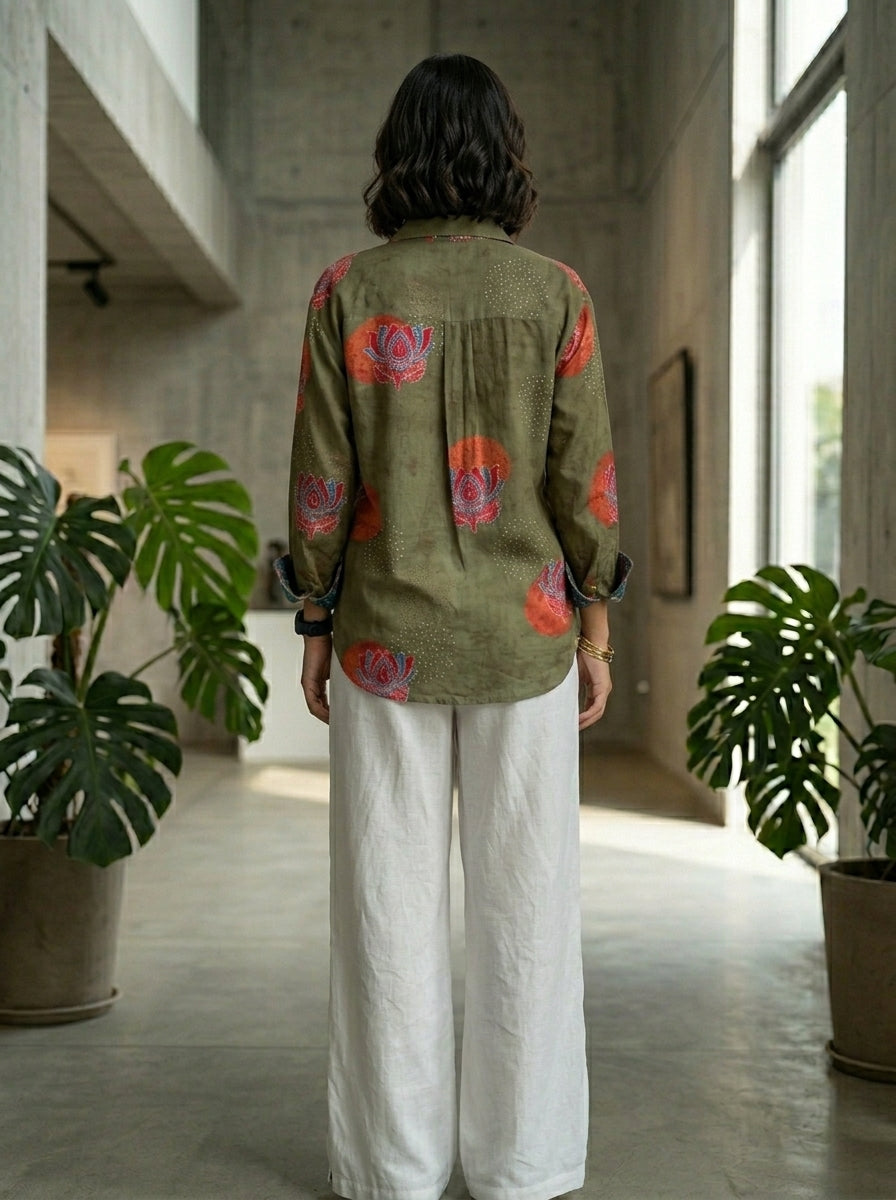 Olive Green Pocket Printed Oversized Shirt