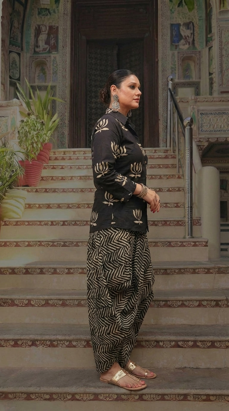 Black Lotus Printed Drape Skirt With Short Shirt Set