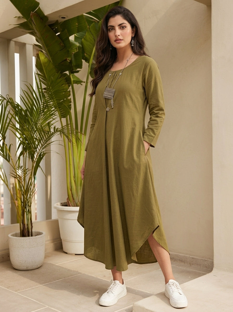 Olive Green Cowl Dress