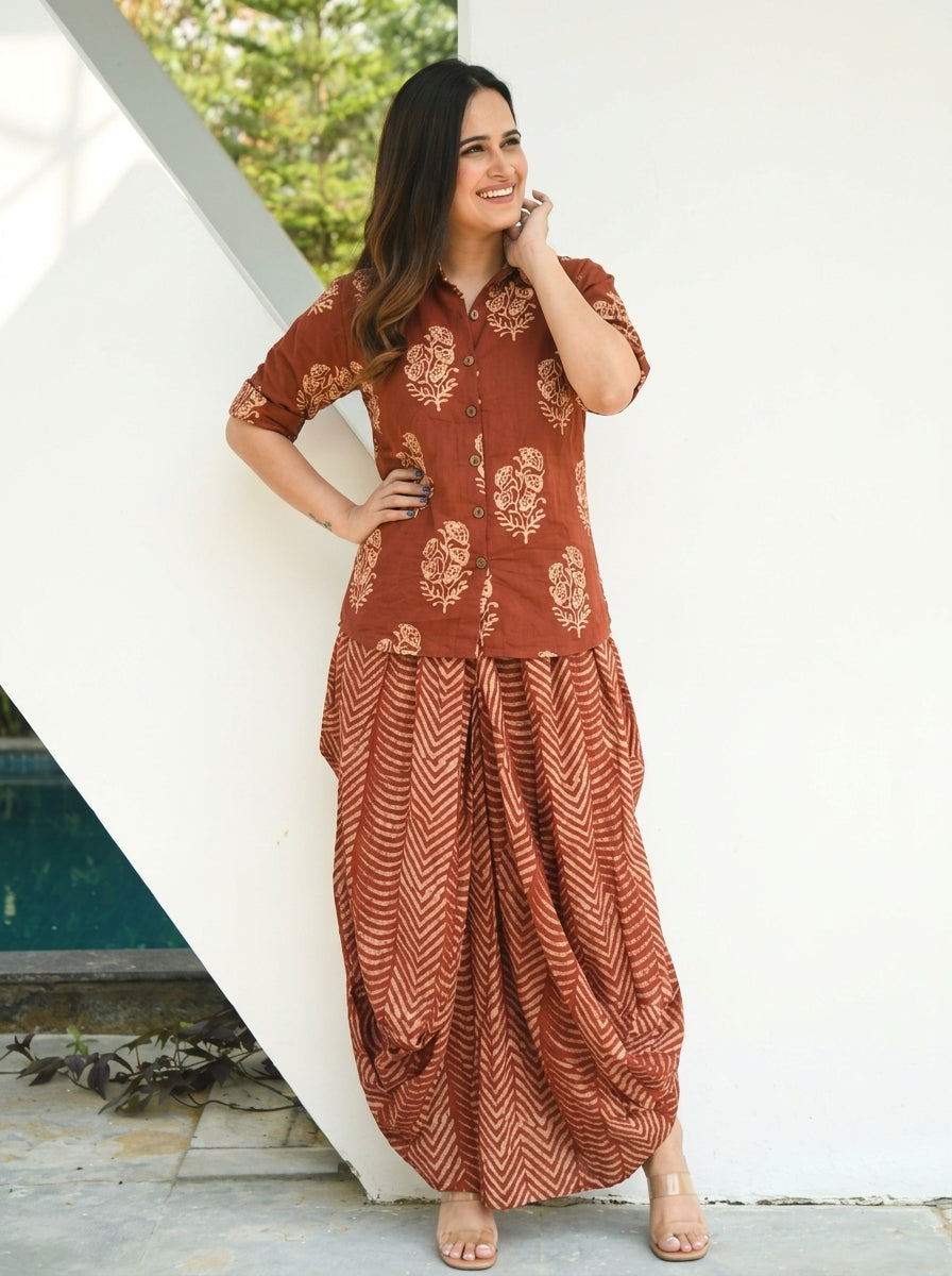 Printed Drape Skirt With Short Shirt Set