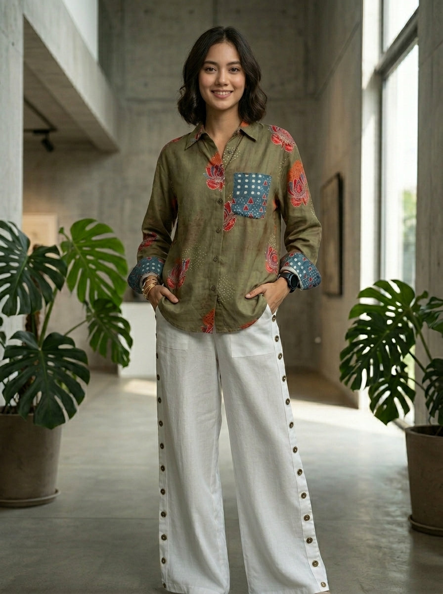 Olive Green Pocket Printed Oversized Shirt