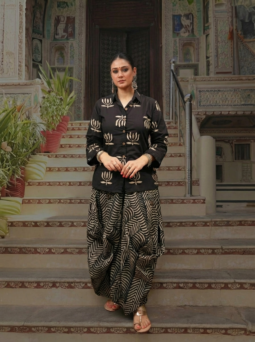 Black Lotus Printed Drape Skirt With Short Shirt Set