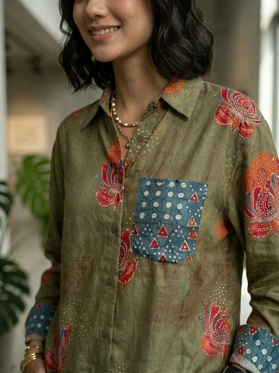 Olive Green Pocket Printed Oversized Shirt