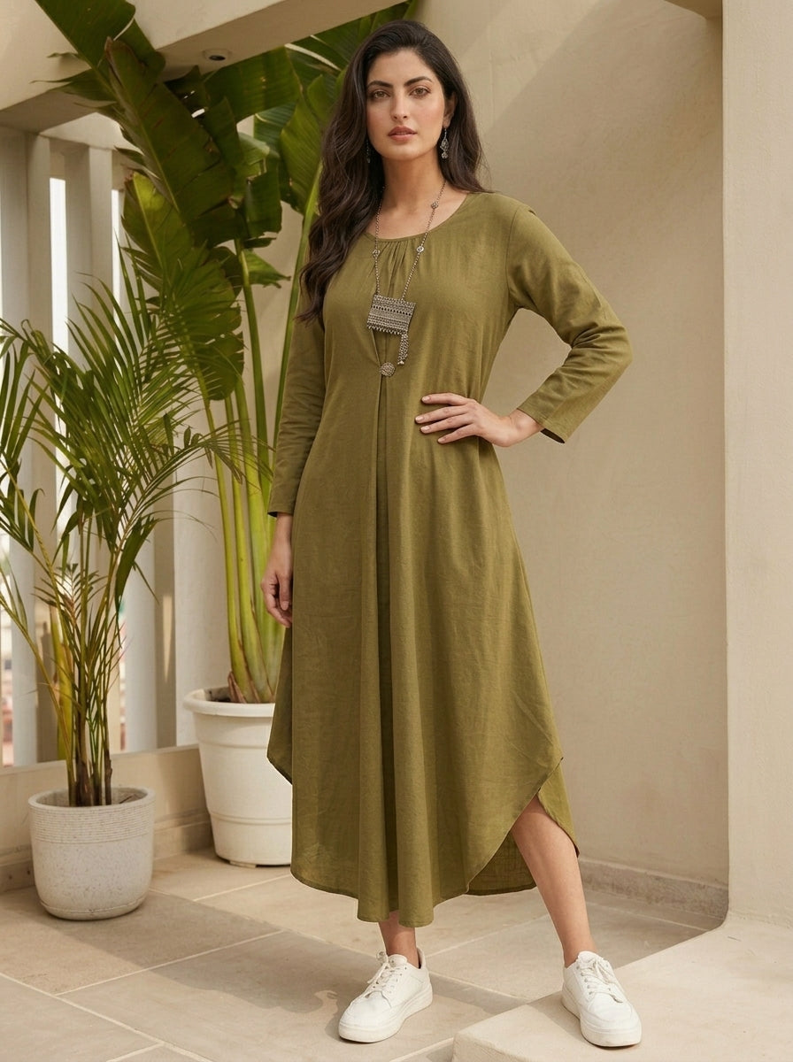 Olive Green Cowl Dress