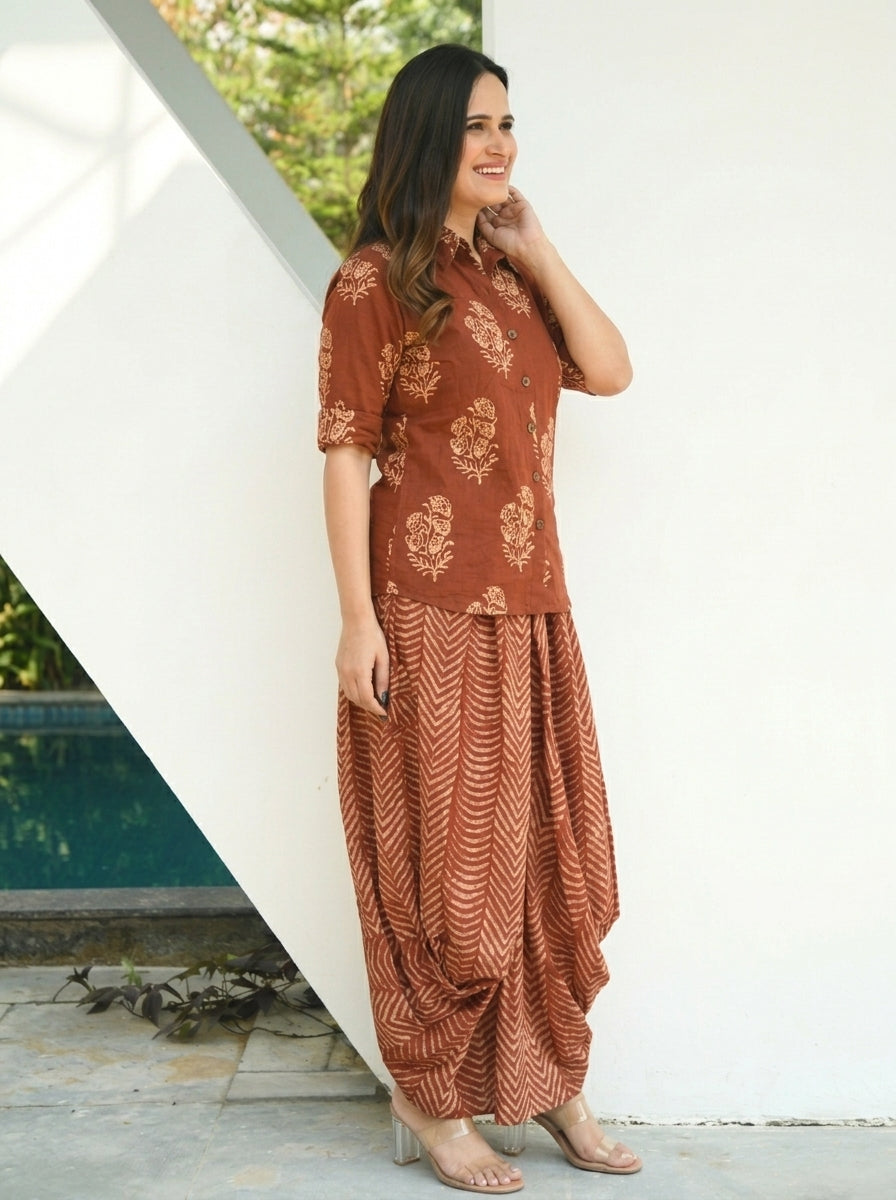 Printed Drape Skirt With Short Shirt Set